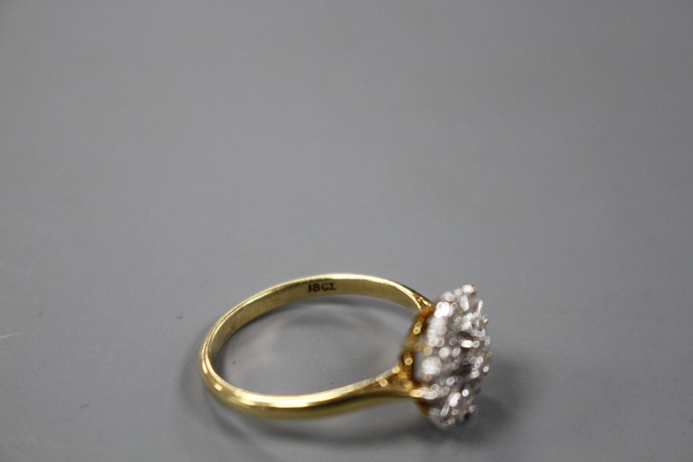 A modern 18ct and nine stone round cut diamond set flower head cluster ring, size P, gross 3.9 grams,